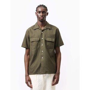 Beams Plus Cotton/Linen Open Collar Panama Shirt in Olive Green
